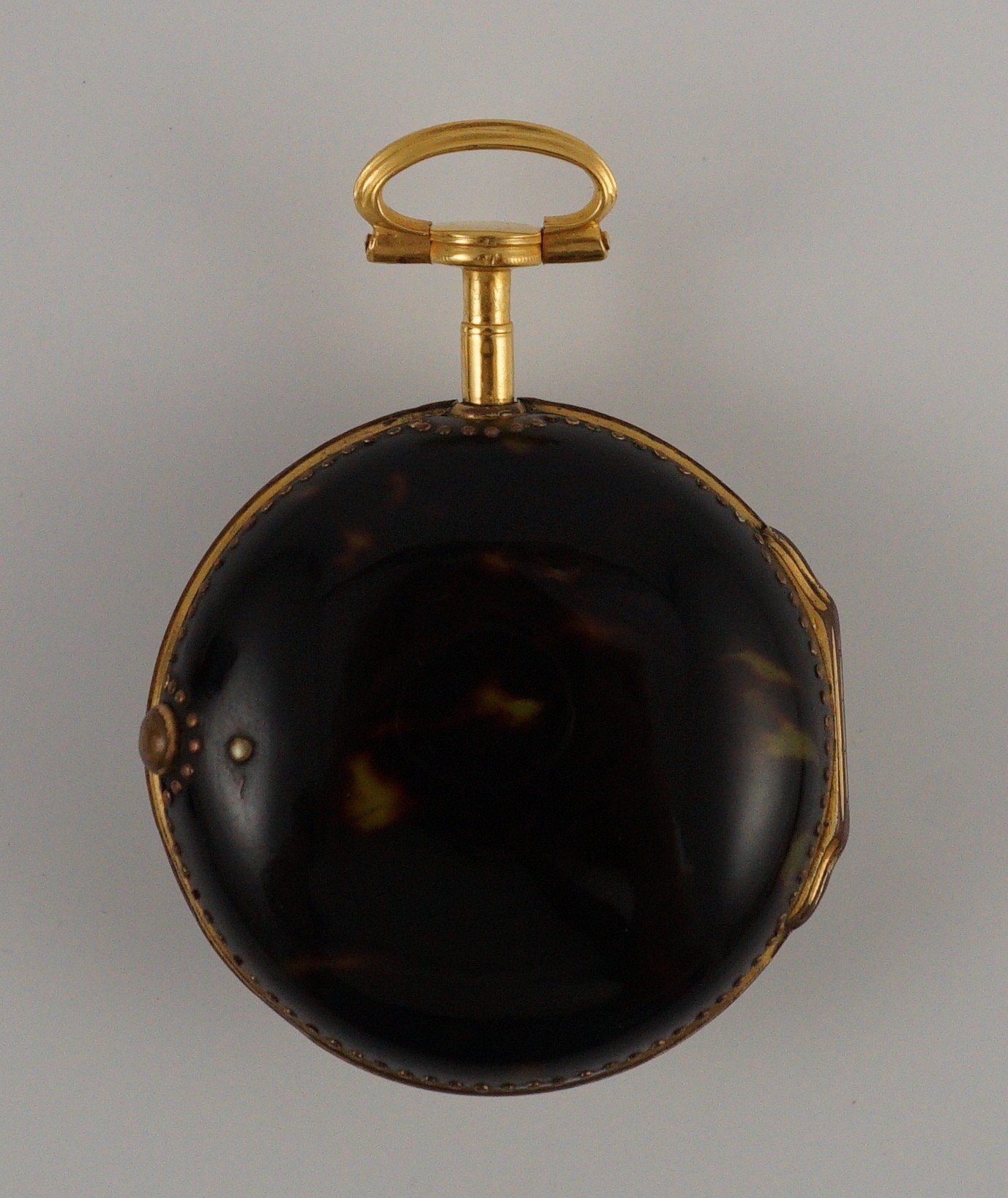 A mid 18th century gilt metal and tortoiseshell pair cased keywind verge pocket watch by Catlin, London